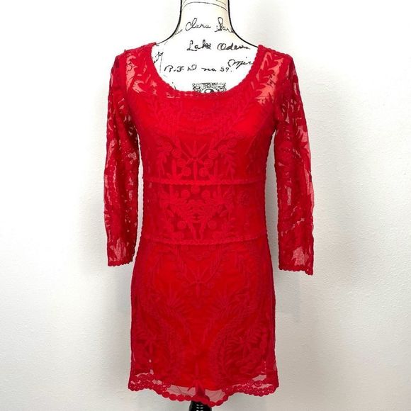 Express Dresses & Skirts - Express XS Red Crochet Lace Lined 3/4 Sleeve Dress Floral Formal Wedding
